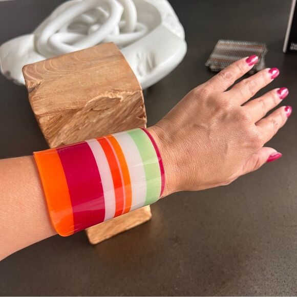 Vibrant Striped Resin Wide Cuff Bracelet Made In Italy - Picture 5 of 5